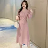 Günlük Elbiseler Kadın Tek Parça Elbise Sonbahar 2021 Ofis Lady Kore Tarzı Örgü Uzun Kollu Patchwork Katı V Yaka Siyah