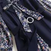 Spring Fashion Designers Bow Collar Flare Manga Imprimir Chiffon Vestido 2 Peça Terno Mulher Roupas Vintage Escritório Vestidos 210601