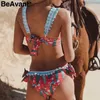 BeAvant Floral print summer beachwear 2 piece set Women ruffle strap sexy swimsuit Swimwear holiday beach bathing suit swimsuits 210621