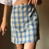 Summer blue plaid skirts womens vintage mini Sexy pencil high waist casual ladies faldas mujer 210521