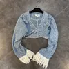 Deat herfstaankomsten Lange Tassel Sleeve Single Button Denim Short Jackethigh Taille Full Jeans Tweed Piece Set Women MK359 210331