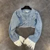 DEAT Herbst Ankünfte Lange Quaste Hülse Single Button Denim Kurze Jacke Hohe Taille Volle Jeans Zwei Stück Set Frauen 359 210331