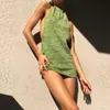 2021 Зеленое мини-платье без спинки Пляж Пляж Женщины Холтер шеи без рукавов лето черный с плечами вязание корпус платья сексуальные Y0603