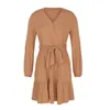 knitted sash warp dress women casual autumn winter khaki long sleeve ladies v neck vestidos 210427