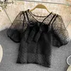 Chiffon Blouse Women Puff Sleeve See Through Polka Dot Mesh Cover Up Shirt with Vest Ladies Korean Sweet Top Blusa 210519