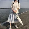 Japanese 2Pcs Suit Women Summer Doll Collar White Shirt + High Waist Plaid Pleated Long Skirt Korean Casual Harajuku Kawaii Set 210421