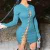 Women Sexy Chain Lace Up Chic Bandage Dresses Spring Fall Long Sleeve Ribbing Skinny Hollow Out Pullover Vestidos 2 Colours 210517