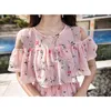 Sweet Off The Shoulder Women Summer Floral Print Round Collar Expanderbar Beach Chiffon Ruffles Klä Elegant 9636 210417