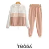 2021 Set Kvinna Vintage Contrast Color Baseball Bomber Pullover Jacka Kvinnor Toppar och Penna Joggingbyxor Passar Två Piece Sets Y0625