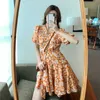 Корейский шифон женщины платье короткий слойный рукав ES женщина натуральный Wasit Satin V-образным вырезом Цветочные ES Plus Размер 210604