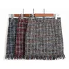 Colorfaith Spring Summer Women Woolen Mini Skirt In A Cage Vintage Plaid Tassel Skater High Waist Checkered SK5583 210629