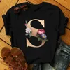 Kadın T-Shirt Kızlar Adı Tops Tee Yaz Moda Kısa Kollu Unisex 26 İngilizce Harfler Çiçekler Baskılı Kadınlar Siyah Tişörtleri ABCDE