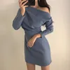 Kobiety Wiosna Niebieski Khaki Slash Neck Długi Rękaw Solid Ruched Elegancka Mini Dress D2305 210514
