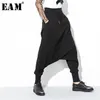 [EAM] Spring Fashion Nero Solido Tasche con coulisse Causale Allentato di grandi dimensioni Donna Pantaloni a vita alta Harem RA224 210915