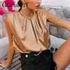 Glamaker Shoulder pads casual summer fashion top Satin sexy pleated elegant o-neck party club top Loose sleeveless tee tanks 210412