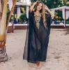 Robe de plage brodée femmes robes de plage sexy pure mousseline de soie noire caftan maillots de bain femme surdimensionné bikini couvrir femmes