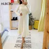 HL Chic Women Long Knit Maxi Sweater Dress Autumn Winter Knitted A Line Dress Ribbed Thick Christmas Pullover Party Dresses 211221