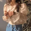 Estilo da Primavera Estilo Coreano Doce Vintage Blusa Plana O Pescoço Ruffle Loose Casual Elegante Manga Longa Tops T13801X 210416