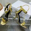 Metal strap decorative square head high heeled sandals Top quality Genuine Leather womens shoes 10.5CM Heels Fashion Designers Front Rear Straps sandal
