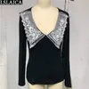 Bayan Tops Ince Dantel Uzun Kollu Güz Kadın Moda Varış Sıska Rahat V Boyun Katı Satış Blusas Para Mujer 210515