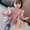 グーポソンファッションキッズ服秋の女の子衣装フラワーレース長袖シャツかわいい韓国幼児子供ブラウス210715