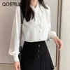 Vit Elegant Blus Kvinnor Koreansk stil Chiffonskjorta Enstaka Långärmad Bowtie Topp Plus Storlek Ol Ladies 210601
