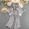 Neploe Tatil Baskı Bohemian Tulumlar Kadınlar Yüksek Bel Kalça Sashes Geniş Bacak Bodysuits V Boyun Flare Uzun Kollu Playsuits Yaz 210510