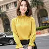 Sarı Gömlek Kadın Bahar Moda Ruffles Yaka Uzun Kollu Saten Bluzlar Resmi Ofis Zarif Gevşek Artı Boyutu Tops 210604
