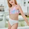 Patchwork Print Swimsuit Children High Waist Bathing 2 Piece Suit One Shoulder Bikini Set Kids Swimwear 2021 Girl Beachwear