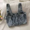 Korean style single-breasted short slim denim camisole female tops summer folds all-match vest Camis for women 210420