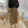 シックな韓国の夏のカーキハイウエストプリーツのスカートの女性ミッドカーフファルダムアヴィンテージカジュアルエレガントなファッションオフィスレディスリム210429