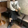 Fashion Women 3 Pieces Set White Lace Up Shirt Hollow Out Floral Vest Black Long Skirt Elegant Suit Lady Outfit 210601