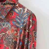 AACHOAE BOHO Çiçek Elbise Sonbahar Bahar Uzun Kollu Vintage Gömlek Elbise Bandaj Ofis Midi Elbise Kadın Vestidos Mujer 210413