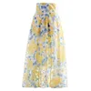 Gele bloemenprint rok voor vrouwen hoge taille elegante losse een lijn Midi rokken vrouwelijke zomer mode kleding 210521