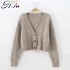 Kvinnor Cardigans Vårskort Beskuren Knapp Up V Neck Twisted Stickad Vit Cardigan Sueter Feminino 210430