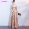 s fashion long section banquet slim gold sequin dress female Ankle-Length V-Neck Zippers Solid 210416