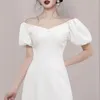 Kvinnor Puff Sleeve Vit Sommar Klänningar Elegant Slim A-Line Mini Dress Fashion Runway Vintage Business Casual Work Vestidos 210506