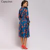 CAPUCINES Papyon Flare Kol Baskılı Elbise Kadınlar Için Elastik Bel Bir Çizgi Vintage Midi Elbise Sonbahar Giysileri (Kemer) 210409