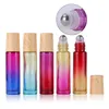 NEW10mL Diffuseurs d'huiles essentielles Bouteille Bouteilles à rouleaux en verre Rouleau avec capuchon en plastique à grain de bois et couleur de dégradé de boule en acier inoxydable EWE7403