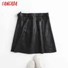 Tangada autumn winter women black faux leather skirts with belt decorate zipper female mini skirt 4C75 211120