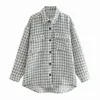 Dames Vintage Houndstooth Plaid Wollen Jas Femme Lange Mouw Double Pockets Patch Casual Jas Chic Tops 210520