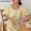 Matakawa Coreano Collo quadrato Vestido de Mujer Single-Breasted Robes Femme rughe Abiti a maniche a soffio a rughe Abiti a mezza lunghezza Donne Donne 210513