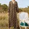 Floral Print Boho Long Maxi Dress Femmes V Neck Ruffle Vintage Casual Basic Winter es Loose 210427