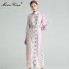 Мода дизайнерское платье весна осень женское платье фонарь рукав полоса флористический ремень ремень элегантные чешуйные платья 210524