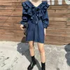 Denim Dress Puff Sleeve Mini Short Summer Ruffled V-Neck Stitching Loose Lace Girls Doll D3025 210514