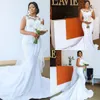 화려한 플러스 사이즈 새틴 비치 웨딩 드레스 인어 인어 신부 가운 2021 섹시한 아프리카 나이지리아 레이스 Appiqued Vestido de Novia