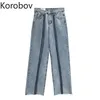 Korobov New Arrival Hit Kolor Patchwork Jeans Koreański Streetwear Wysoka talia Harajuku Spodnie Chic Denim Kobiety Spodnie 210430