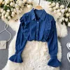 Nomikuma Vintage Jeans Blouse Shirt Causal Double Ruffle Patchwork Women Tops Spring New Demin Blusas Camisas Mujer 6E116 210427