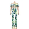 Two Piece Set Women Printed Bandage Off Shoulder Sexy Corset Top+Wide Leg Flare Pants Suits Summer Fashion Tracksuit Outfits 210517