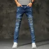 Mäns Jeans Ripped förstörda Biker Hip Hop Stretchy Denim Byxor Slim Fit Male Patches Hole High Street Trousers 210716